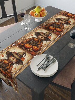 Autumn Harvest Scarecrow Pumpkin Fabric Table Runner
